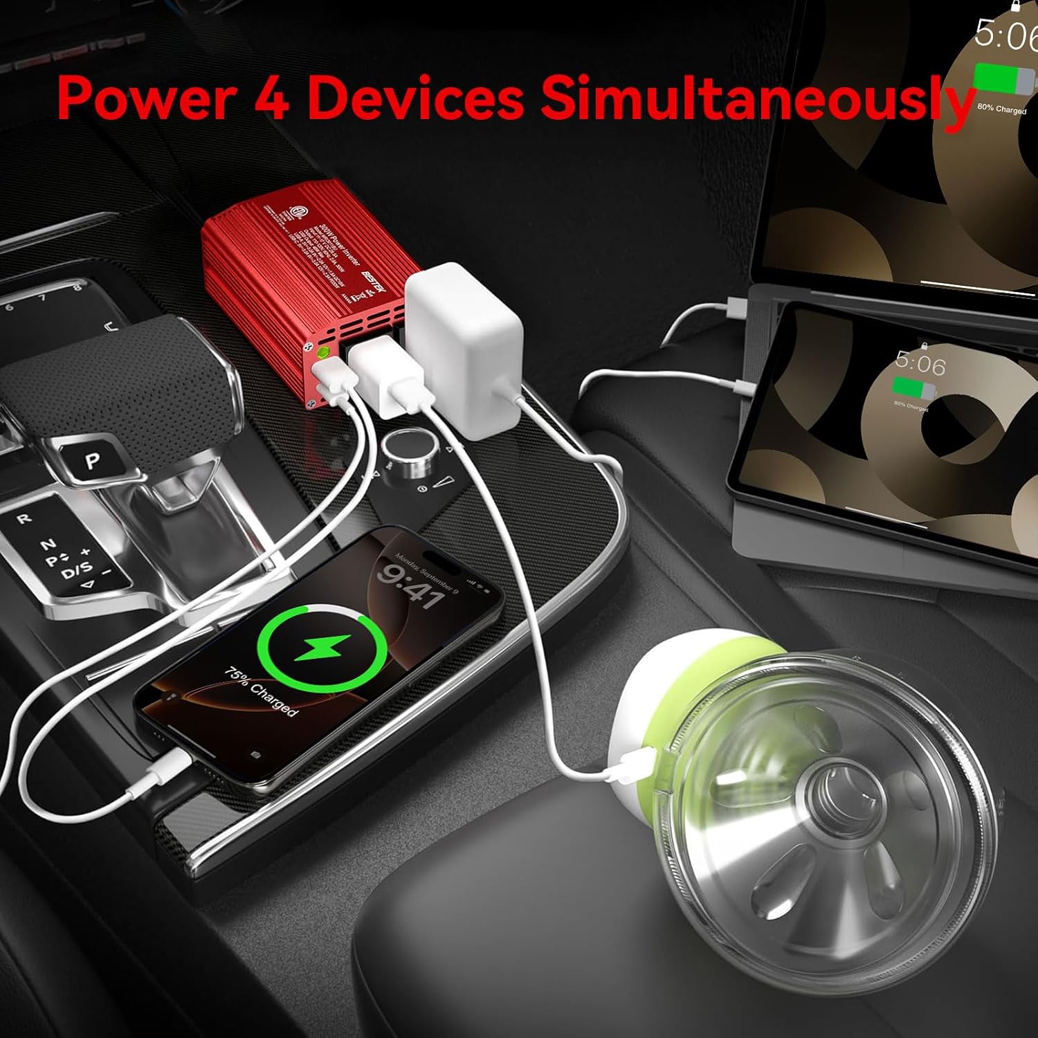 BESTEK 300W inverter — multiple devices connected inside a vehicle
