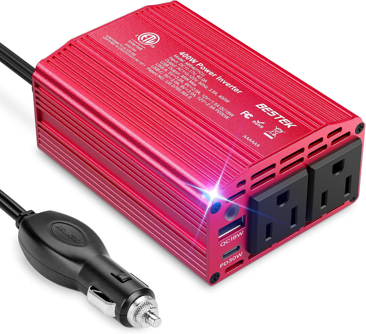BESTEK 400W inverter — red housing and attached cigarette-lighter plug
