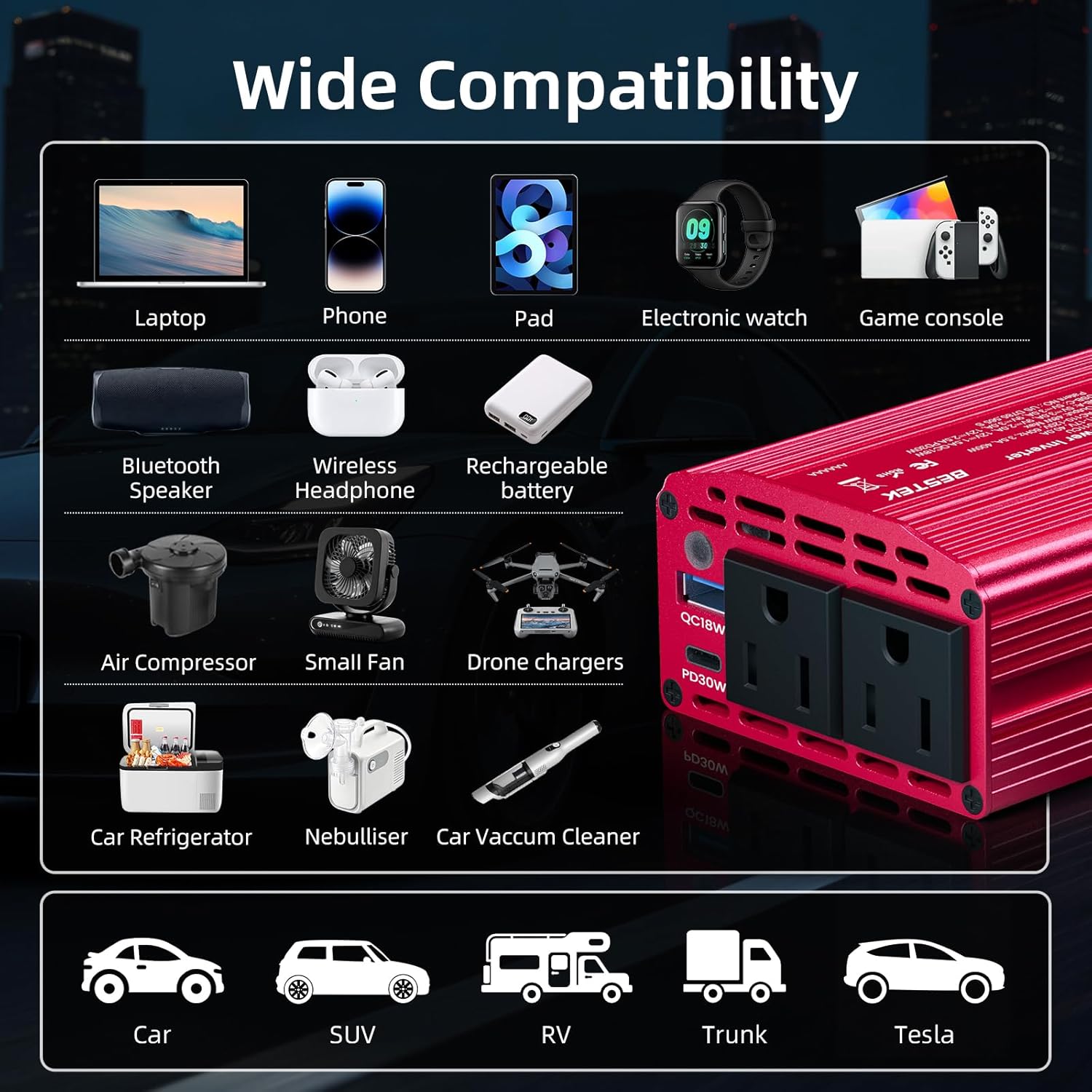 BESTEK 400W inverter — vehicle and device connection examples