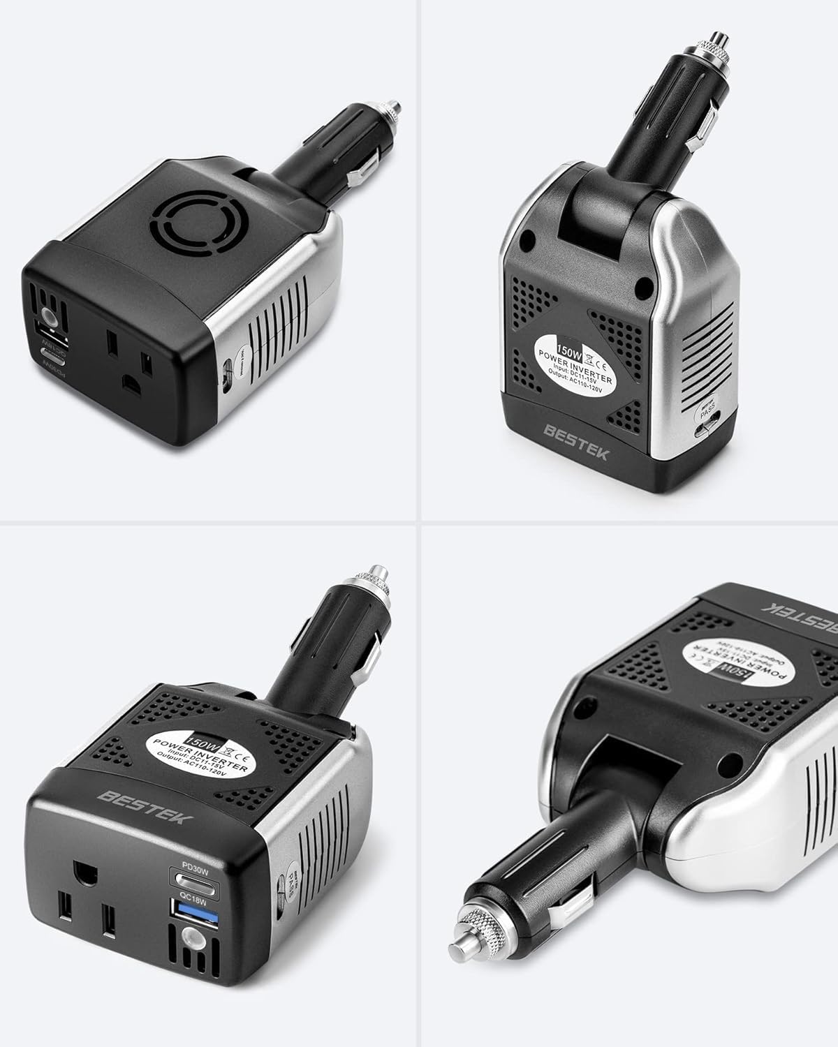 BESTEK 150W inverter — front, side and rear views of the plug design