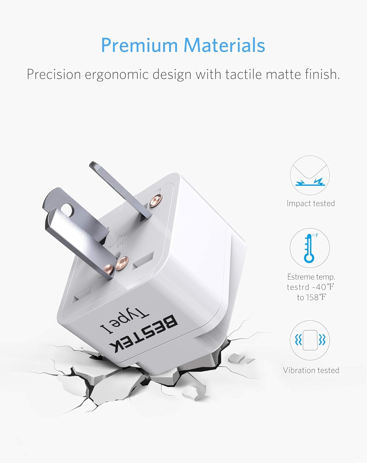 BESTEK travel plug adapter — close-up of the three-pin Type I adapter