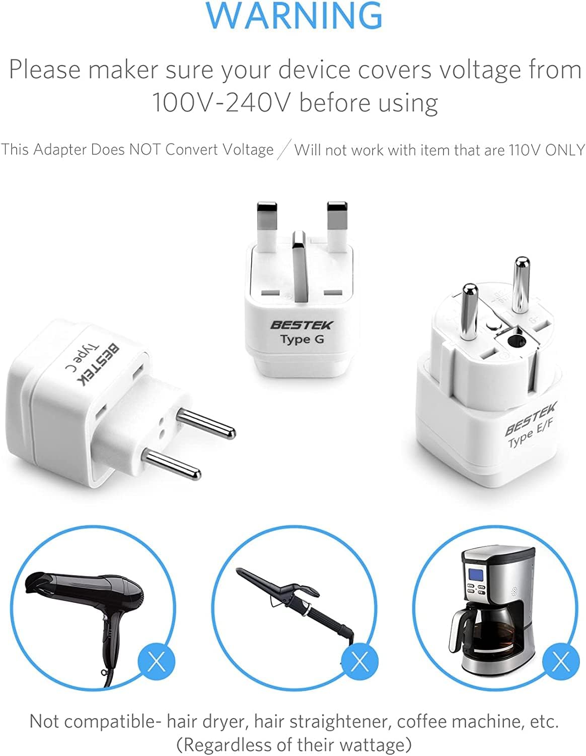 BESTEK travel plug adapter — voltage-compatibility warning and excluded appliances