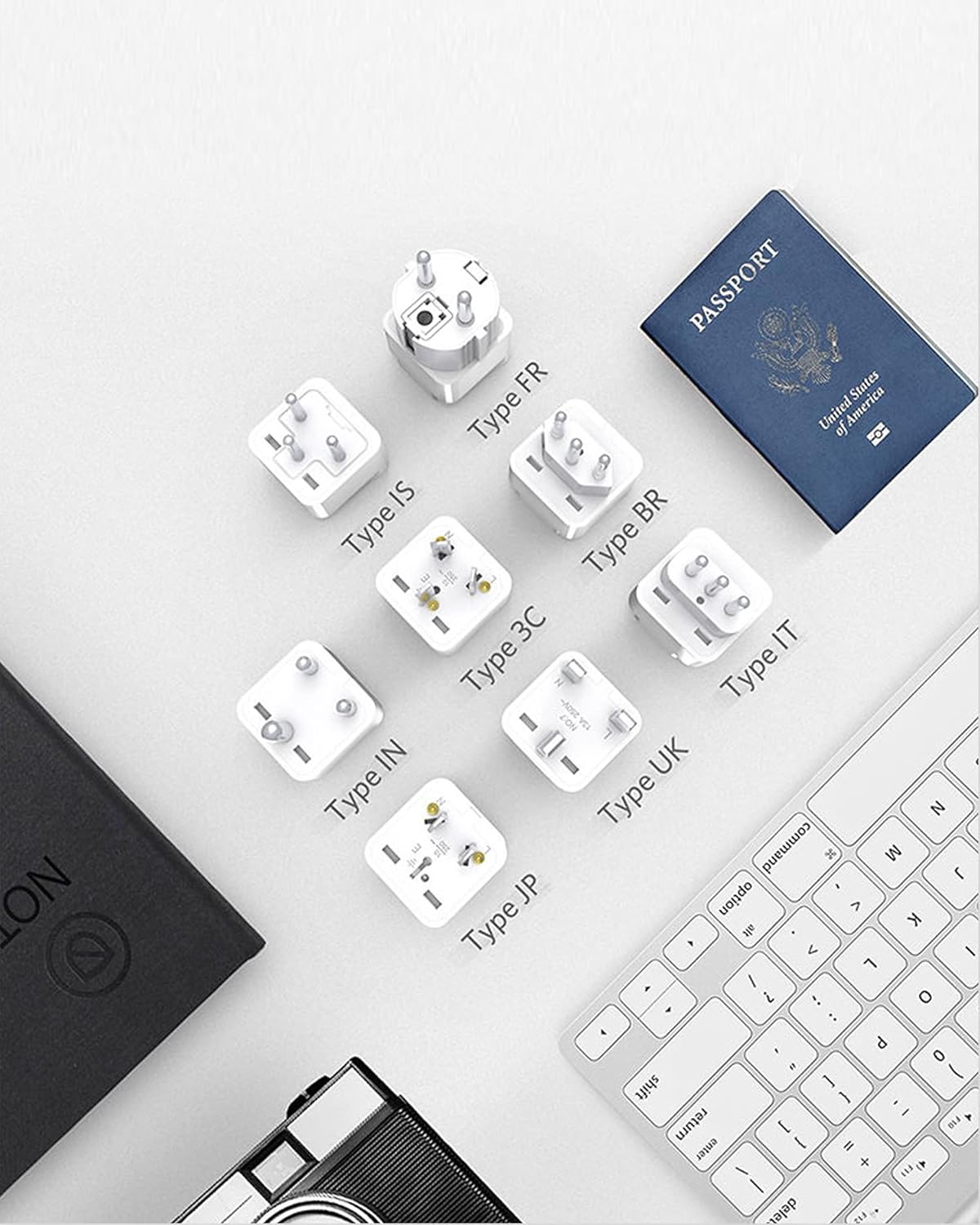 BESTEK travel plug adapter — eight plug attachments beside a passport