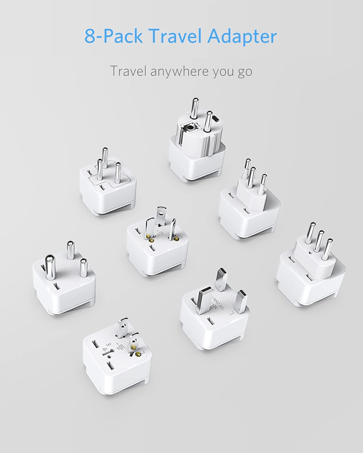 BESTEK travel plug adapter — eight travel plug adapters viewed from different angles