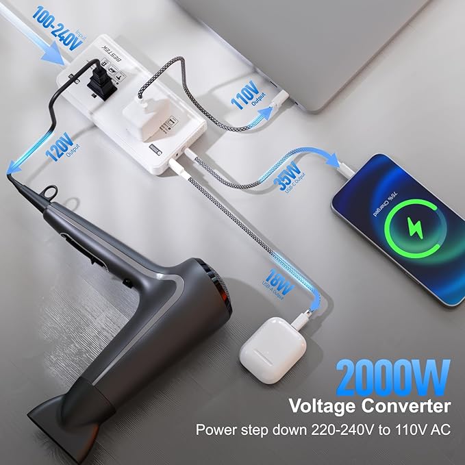BESTEK 2000W travel voltage converter — converter charging multiple devices from a wall outlet
