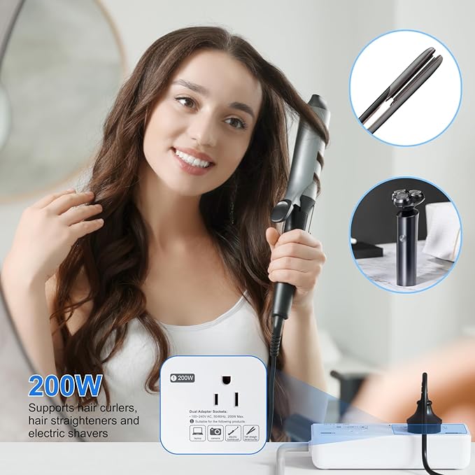 BESTEK 2000W travel voltage converter — outlet-selection illustration with a hair-styling appliance