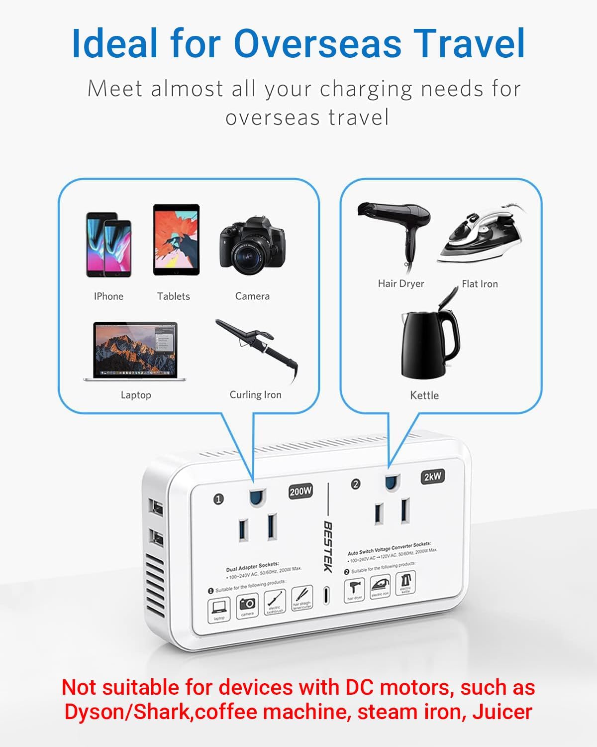 BESTEK 2000W travel voltage converter — device examples and compatibility cautions