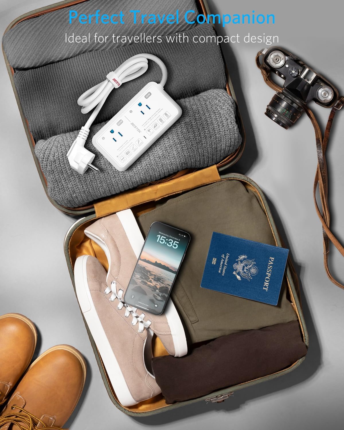 BESTEK 2000W travel voltage converter — converter packed in a suitcase
