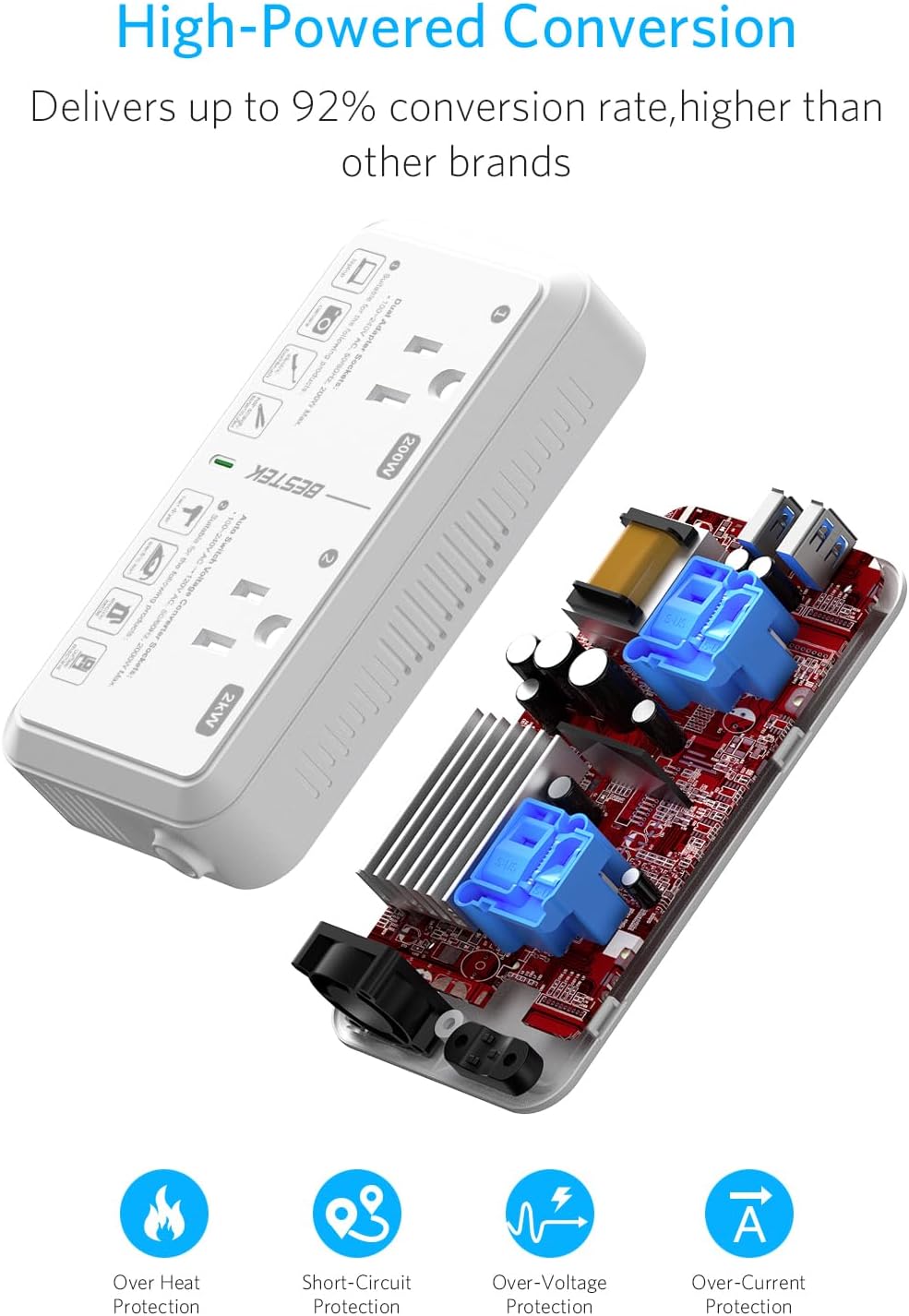 BESTEK 2000W travel voltage converter — exploded view of the voltage conversion circuitry