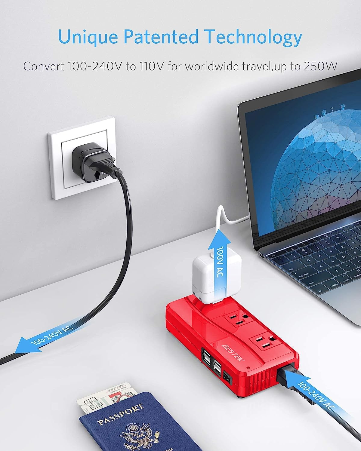 BESTEK 250W travel voltage converter — red converter connected to a wall outlet