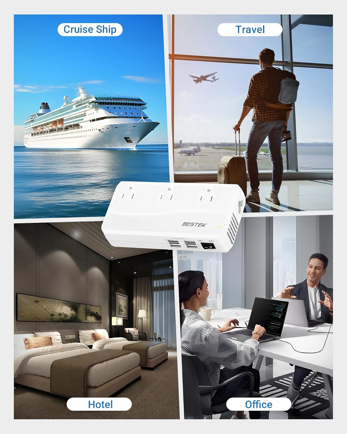 BESTEK 300W travel voltage converter — travel, hotel and office application illustrations