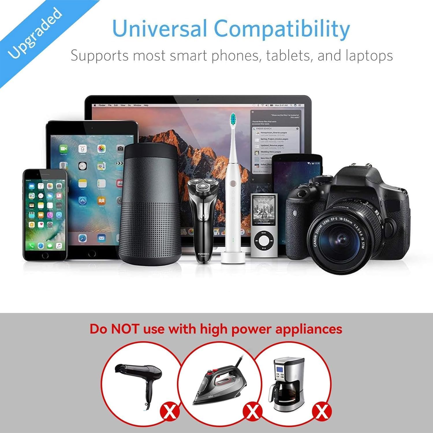 BESTEK power strip — device examples and excluded high-power appliances