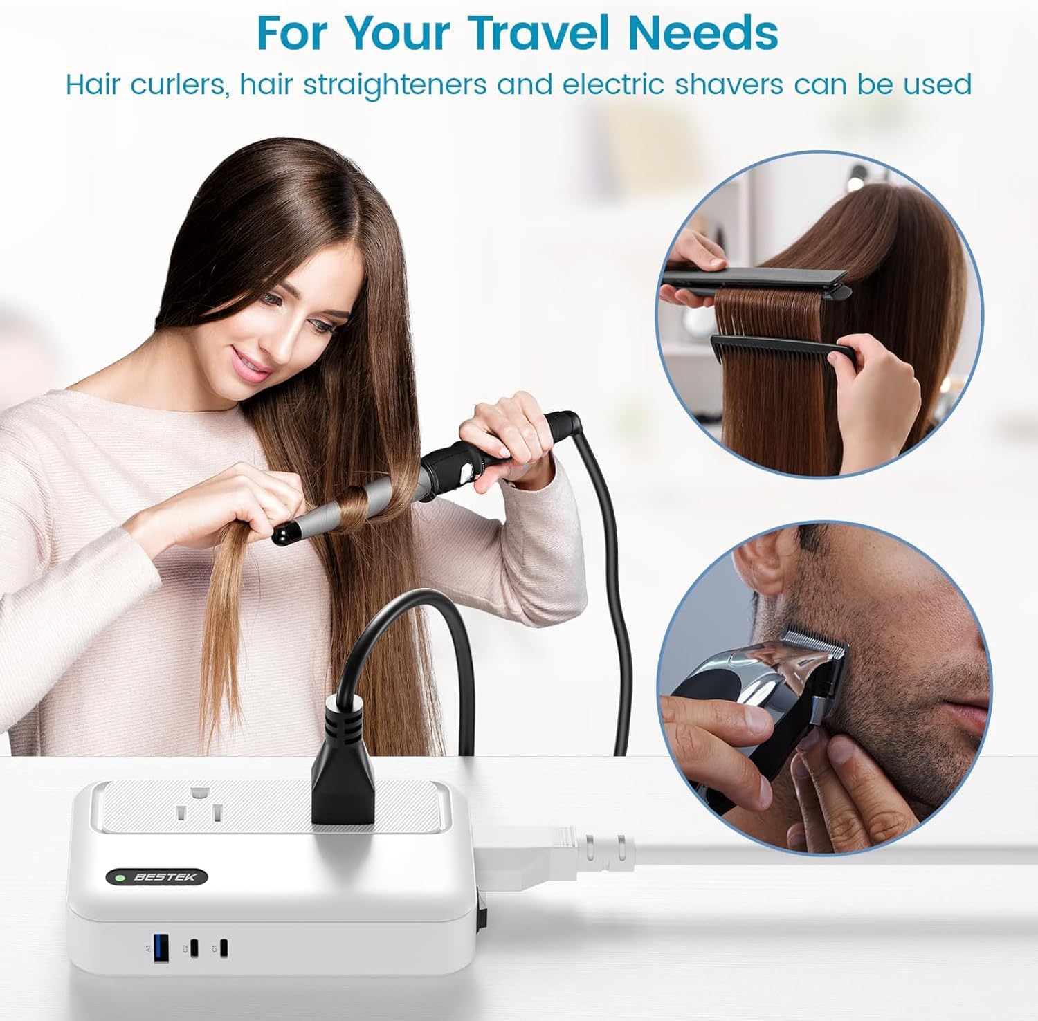 BESTEK 35W travel voltage converter — hair-styling appliance illustration with the converter