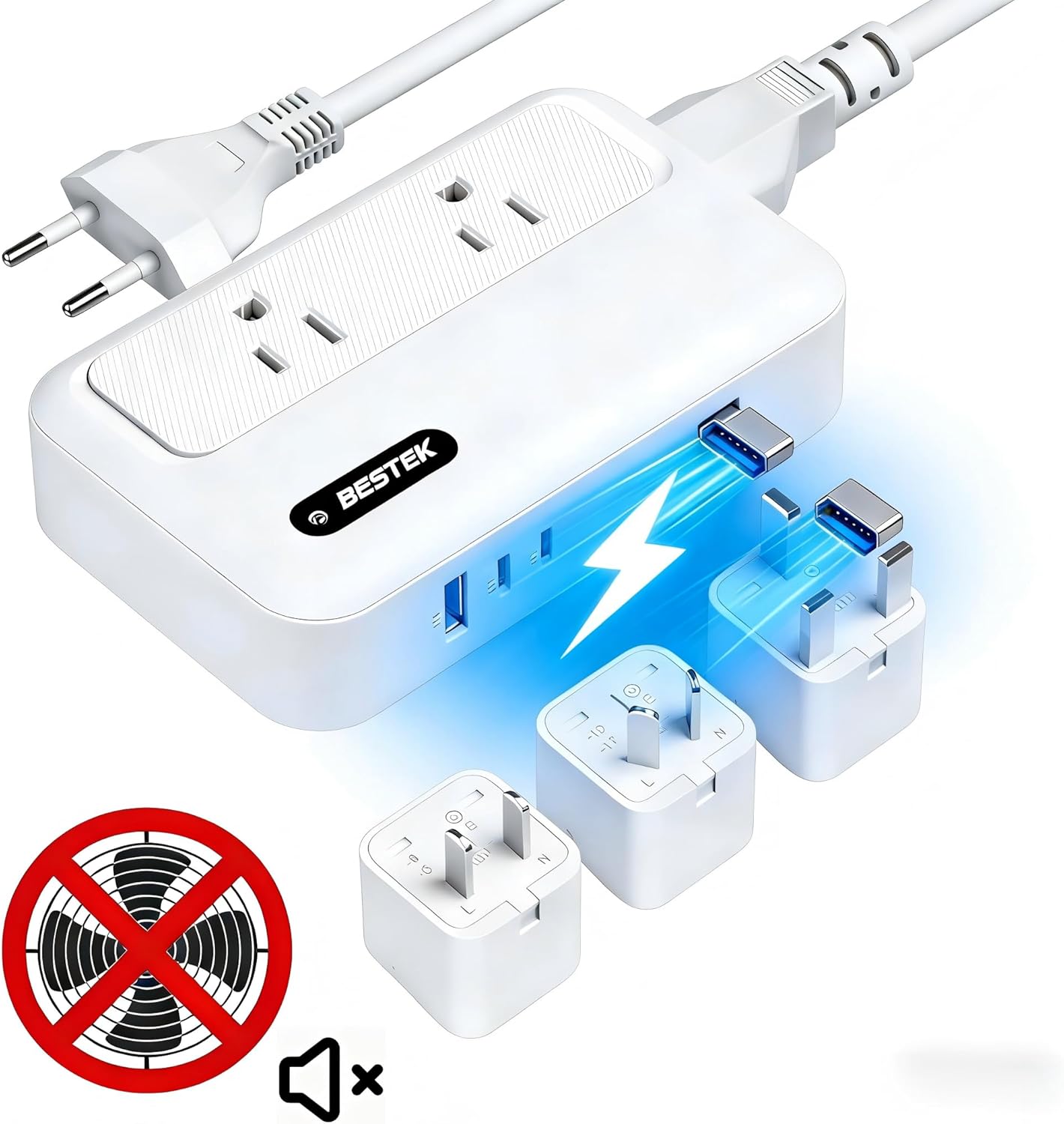 BESTEK 35W travel voltage converter — plug attachments and fan illustration