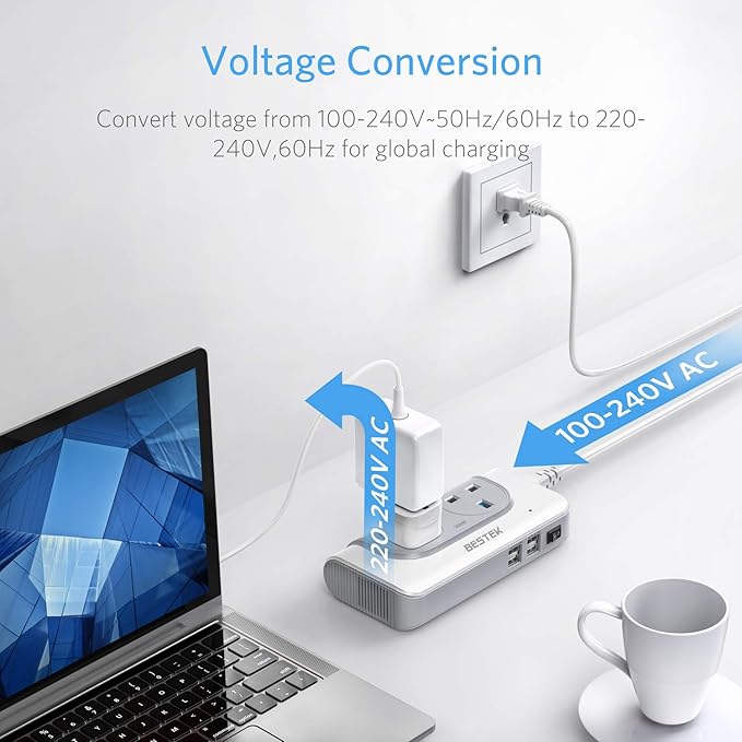 BESTEK 200W step-up converter — illustration of the step-up voltage conversion direction