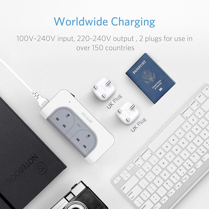 BESTEK 200W step-up converter — converter and included plug attachments