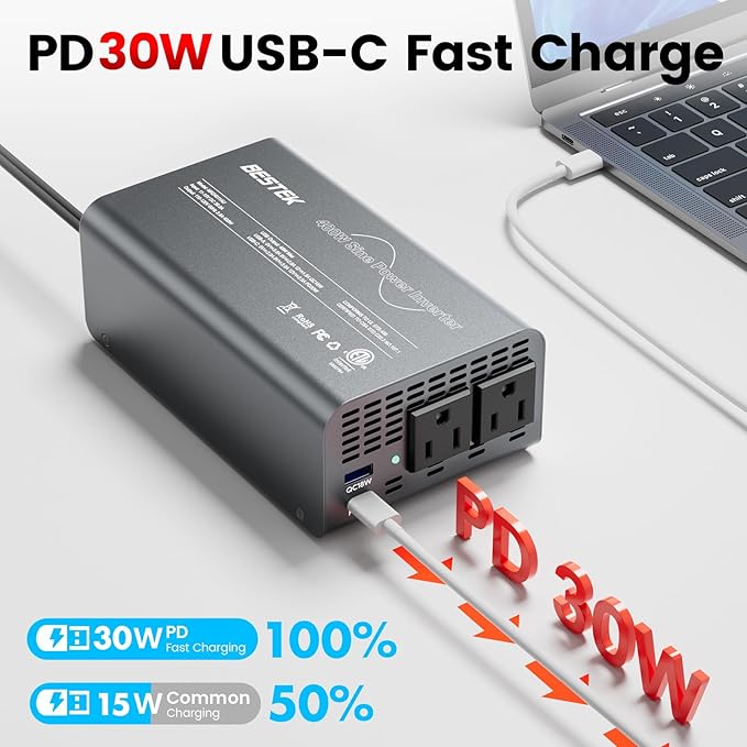 BESTEK 400W pure sine wave inverter — USB-C PD charging illustration beside a laptop