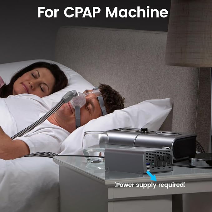 BESTEK 400W pure sine wave inverter — inverter connection illustrated beside bedside equipment