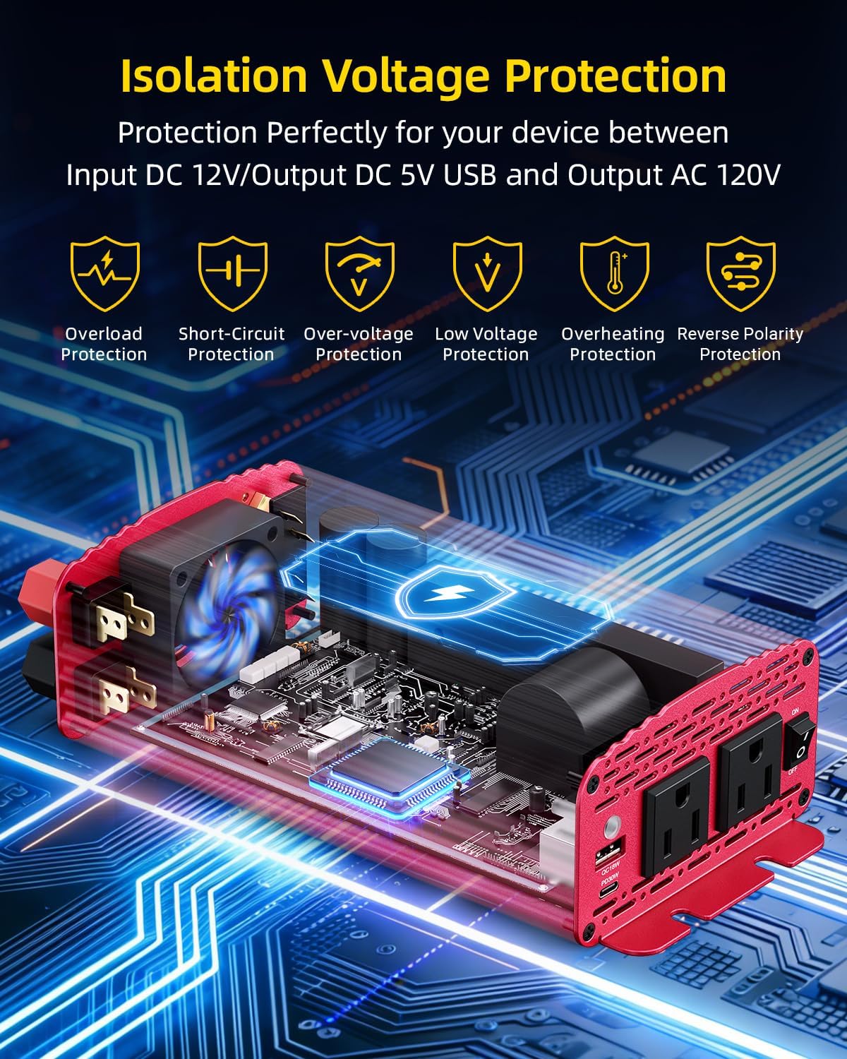 BESTEK 500W pure sine wave inverter — exploded view of the protection circuitry