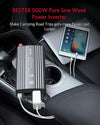 BESTEK 500W pure sine wave inverter — gray inverter charging connected devices in a car