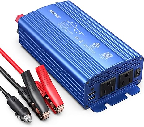 BESTEK 500W pure sine wave inverter — blue inverter with car plug and battery clamps