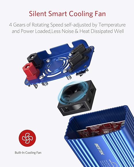 BESTEK 500W pure sine wave inverter — exploded rear view of the blue cooling fan