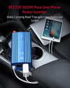 BESTEK 500W pure sine wave inverter — blue inverter charging devices in a car