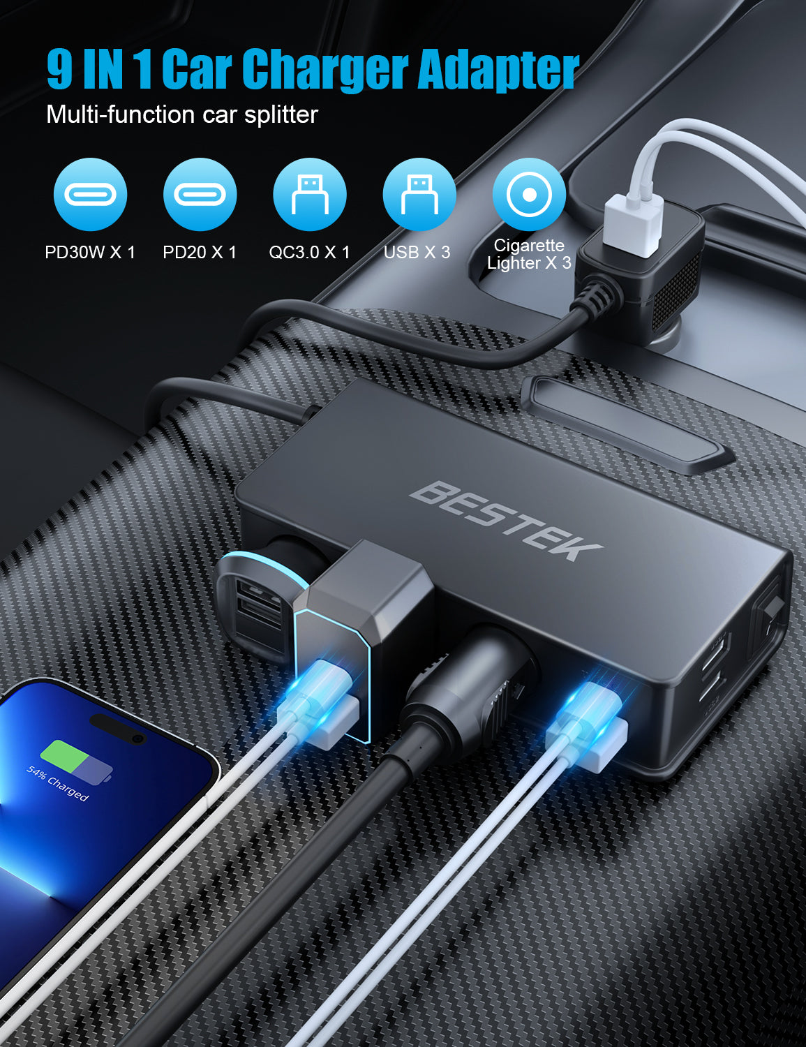 BESTEK 148W car socket splitter — black splitter with connected USB devices