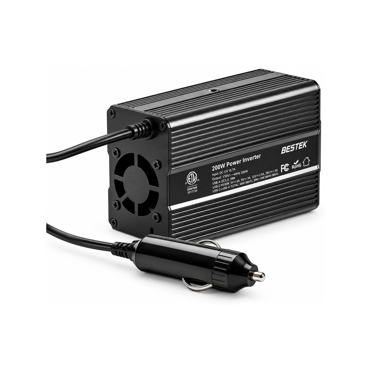 BESTEK 200W Car Power Inverter with 30W USB-C PD and QC 3.0 - alternate rear product view