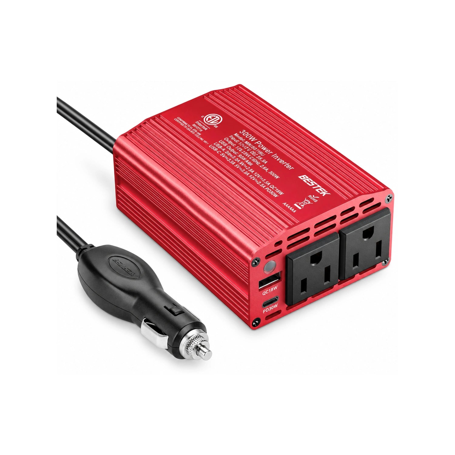 BESTEK 300W Car Power Inverter with 30W USB-C and Dual AC Outlets - alternate rear product view
