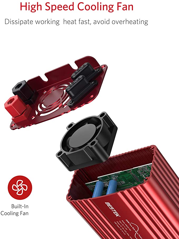 BESTEK 300W pure sine wave inverter — exploded view of the rear cooling fan