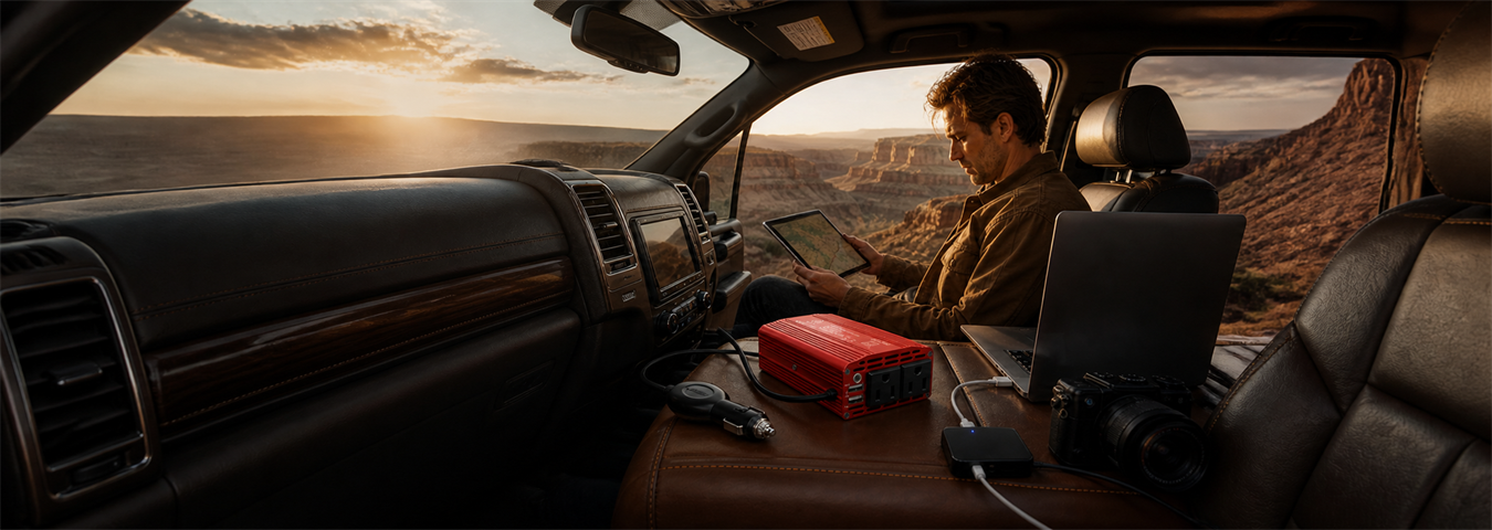 BESTEK 300W car power inverter in a premium desert road-trip SUV