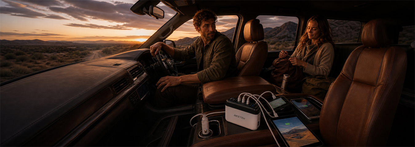 BESTEK 125W multi-port car charger powering road-trip devices