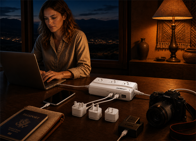 BESTEK travel voltage converter at a premium road-lodge desk