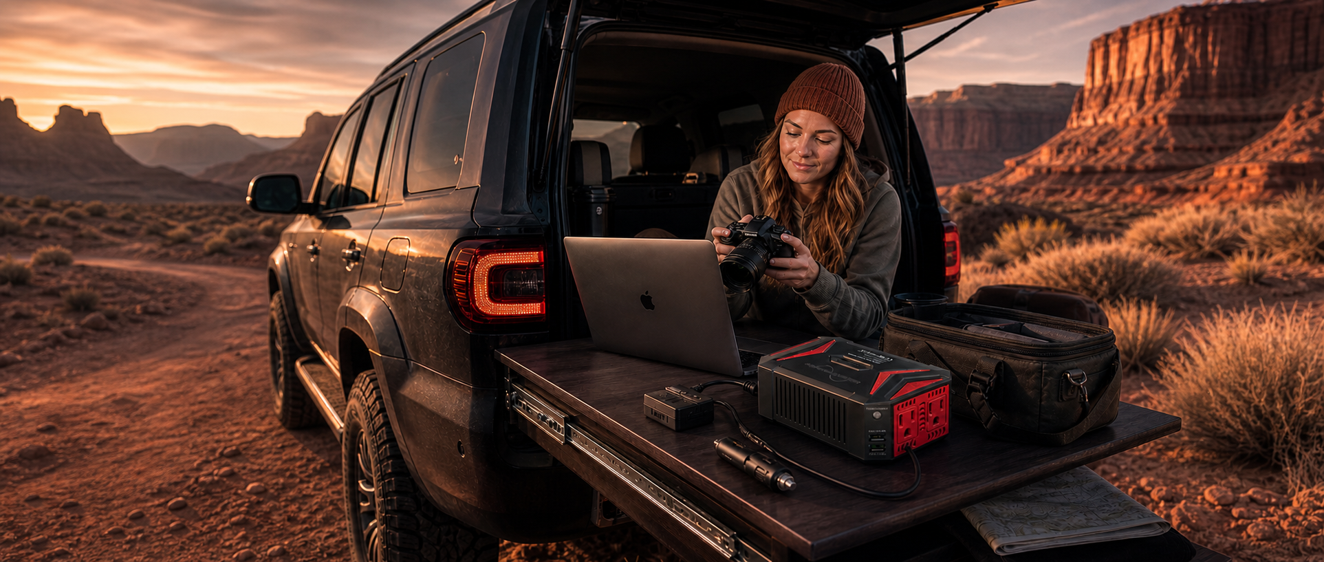 BESTEK inverter powering a mobile desert workstation beside an SUV
