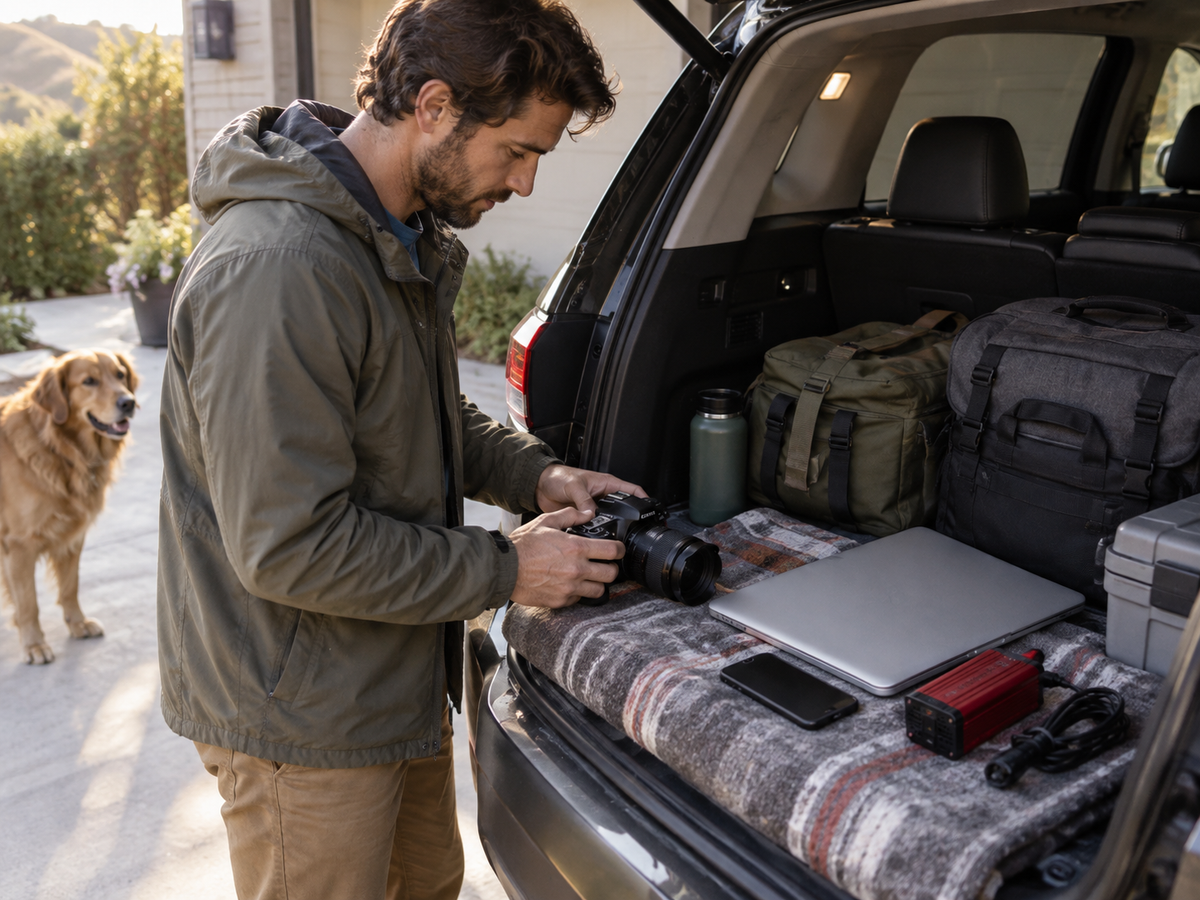 A traveler checks a camera beside a packed SUV with a dog nearby