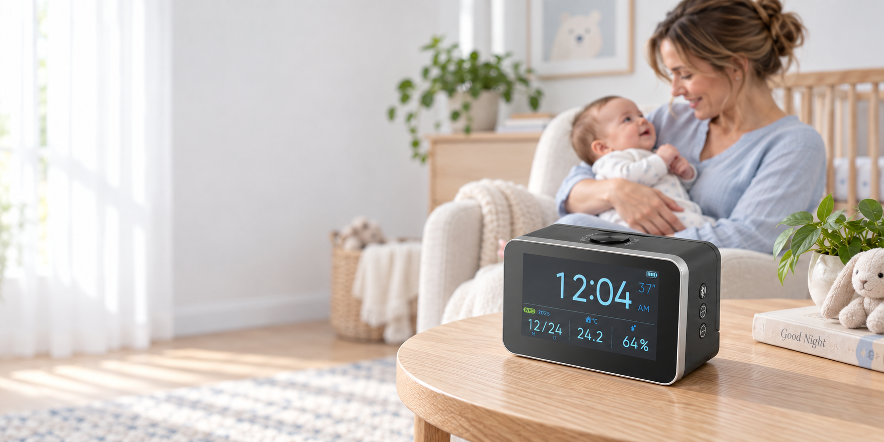 BESTEK Bluetooth monitor on a separate side table while a mother holds her baby in a bright nursery