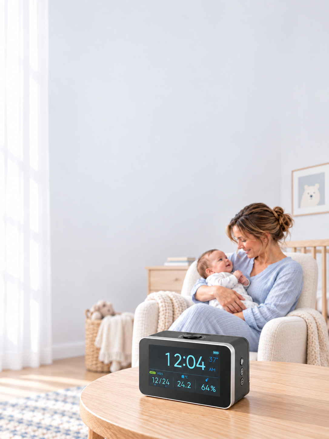 Parent and baby in a bright nursery, with BESTEK monitor on a separate table outside the sleep space