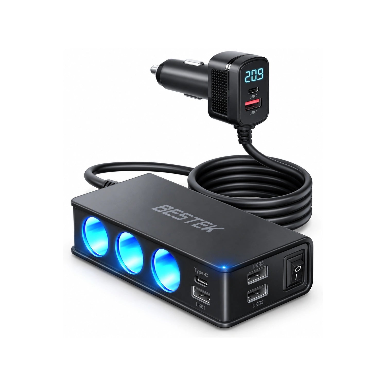 BESTEK 148W 9-in-1 Cigarette Lighter Splitter with USB-C PD - alternate rear product view