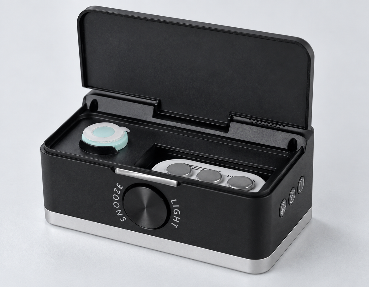 BESTEK MRT-G3-BT with its lid open and the wearable sensor stored inside