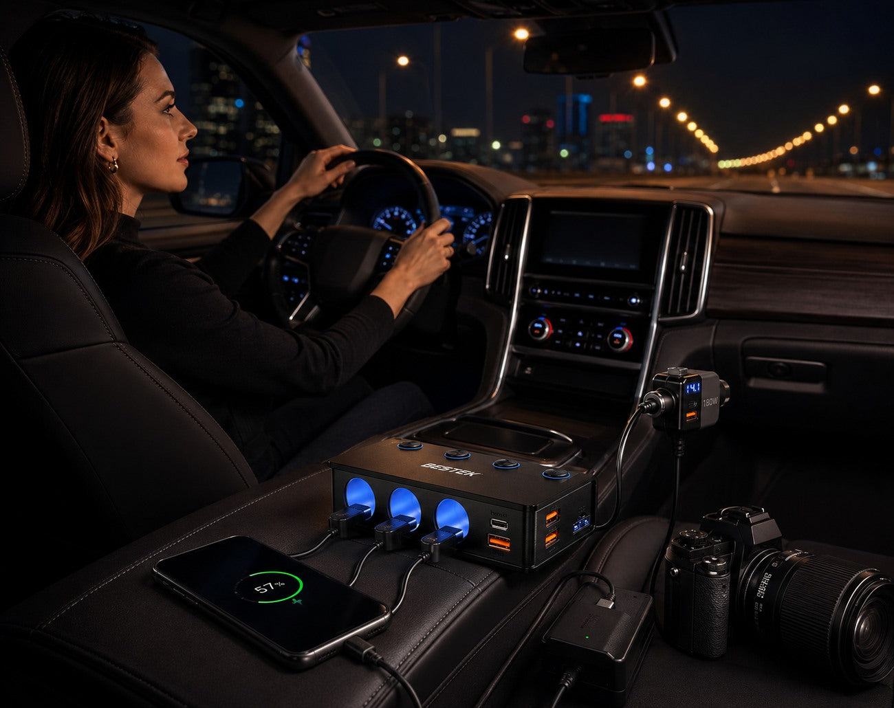 BESTEK car charging splitter powering devices during a premium night drive