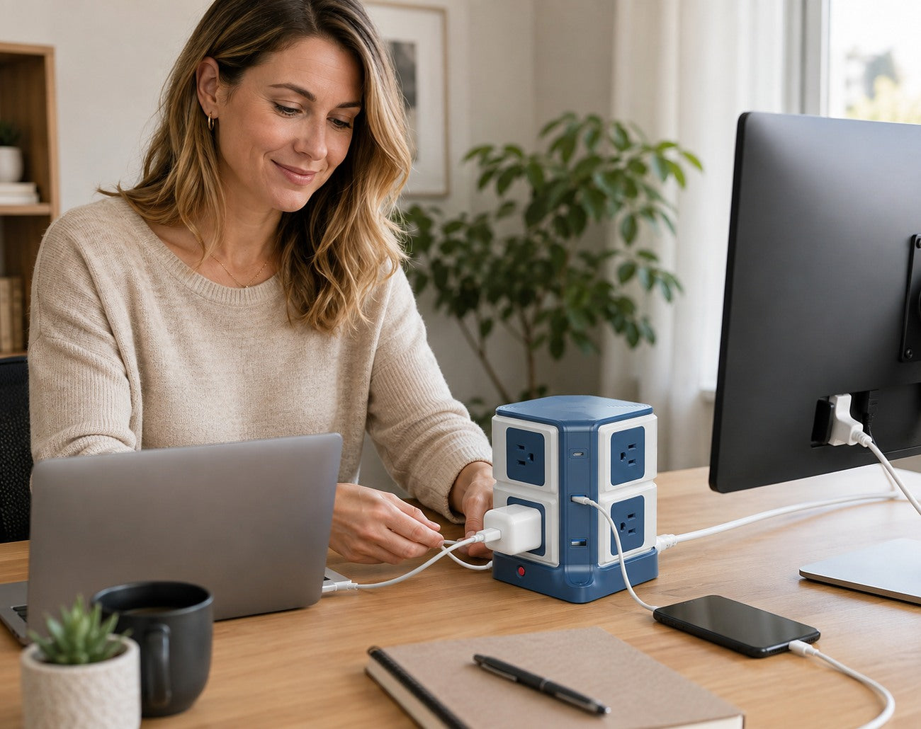 BESTEK power tower organizing a calm modern home workspace