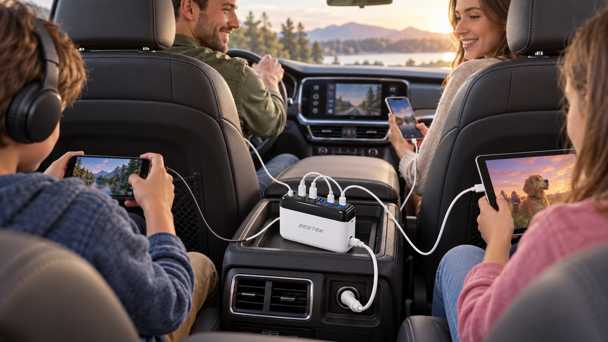 BESTEK MRC686C six-port charger in a parked SUV supporting a family road-trip charging setup