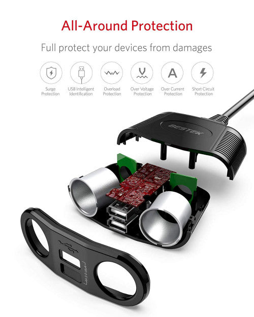 BESTEK 150W car socket splitter — exploded view of the socket and protection circuitry