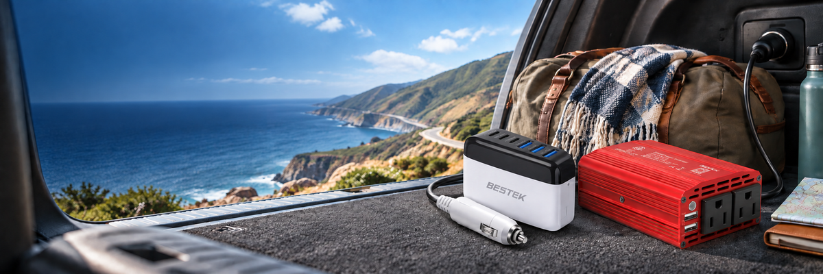 BESTEK inverter and car charger on a coastal road trip