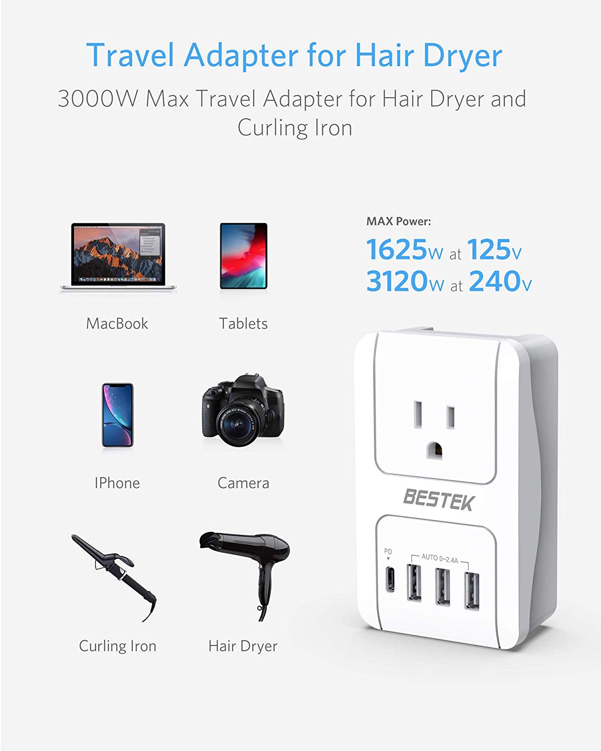 BESTEK travel plug adapter — AC load ratings and device connection examples