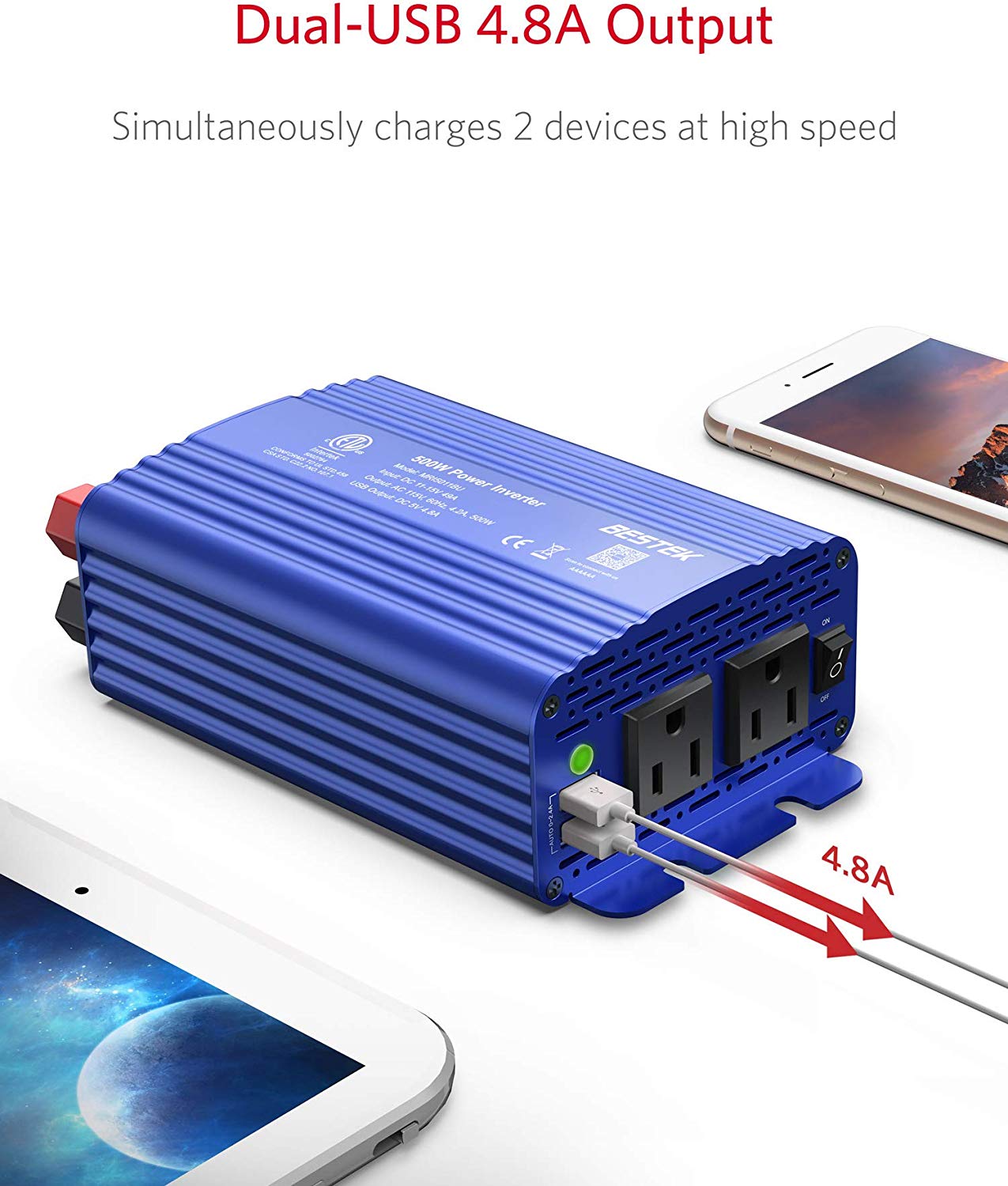 BESTEK 500W inverter — blue inverter dual USB charging illustration