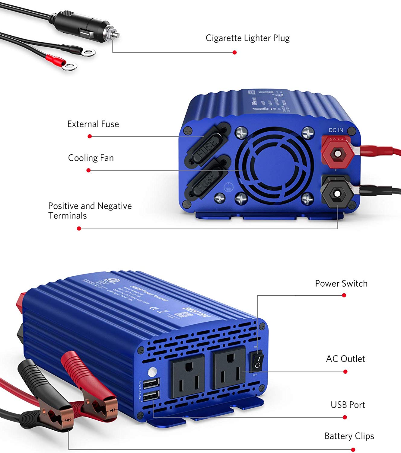 BESTEK 500W inverter — labeled blue inverter ports and battery terminals