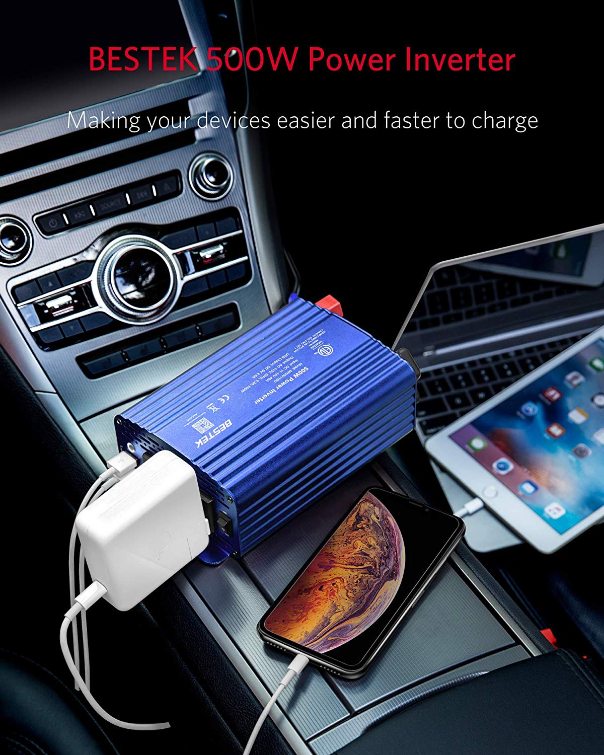 BESTEK 500W inverter — blue inverter charging connected devices in a car