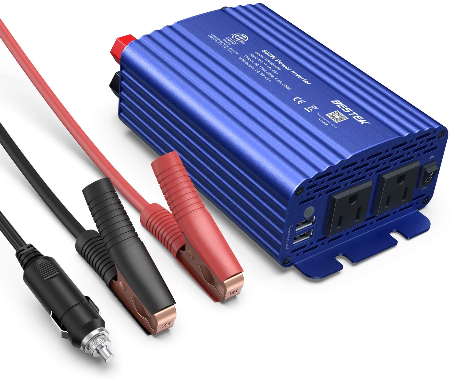 BESTEK 500W inverter — blue inverter with car plug and battery clamps